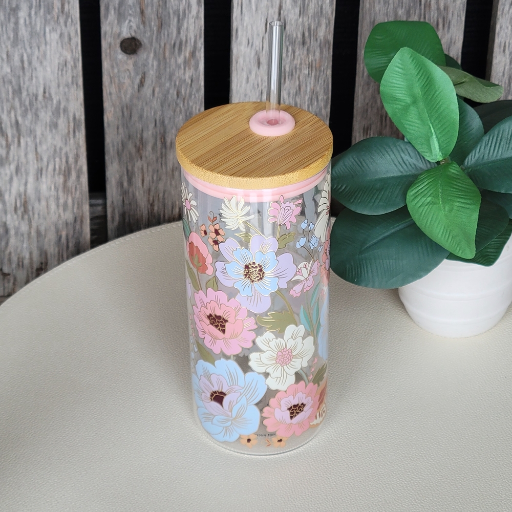 Clementine Floral Glass Tumbler with Bamboo Lid and Straw - Picture 8 of 9